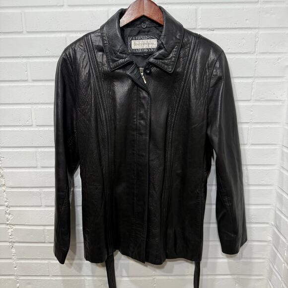 Vintage Jones New York Leather Jacket Black Belted Womens Lrg Classic Retro - Picture 4 of 13